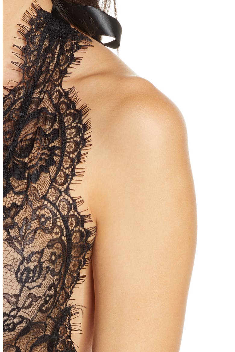 Naomi Plunge Neck Lace Bodysuit, Alternate, color, BLACK