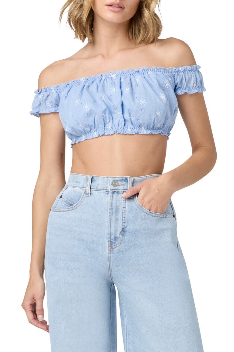 Embroidered Eyelet Off the Shoulder Crop Top, Main, color, BLUE JET STREAM
