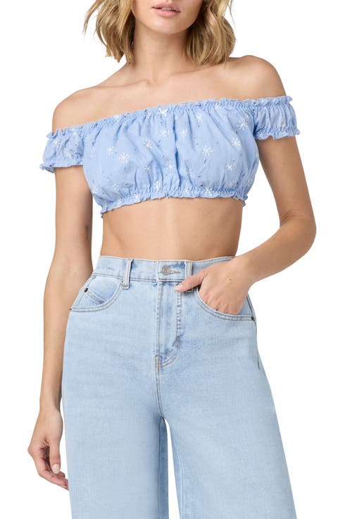 Embroidered Eyelet Off the Shoulder Crop Top