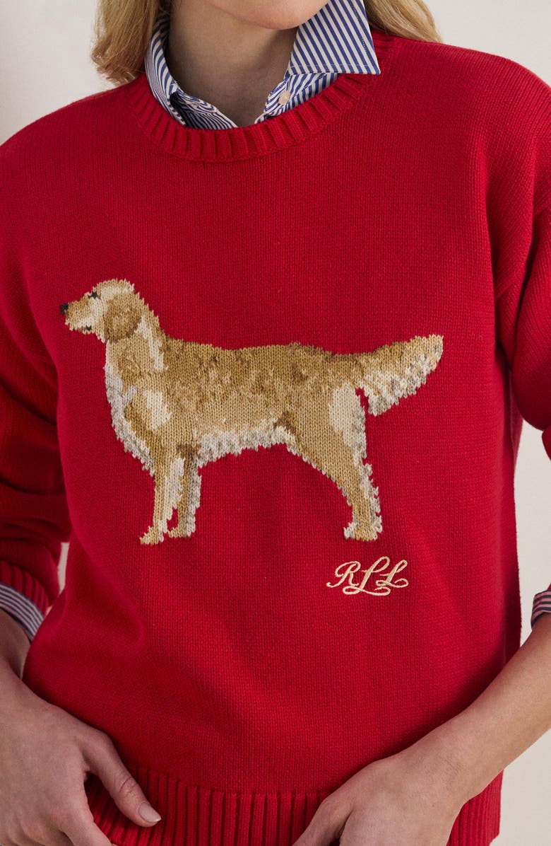 Lauren Ralph Lauren Golden Retriever Cotton Intarsia Sweater, Alternate, color, Cruise Red Multi