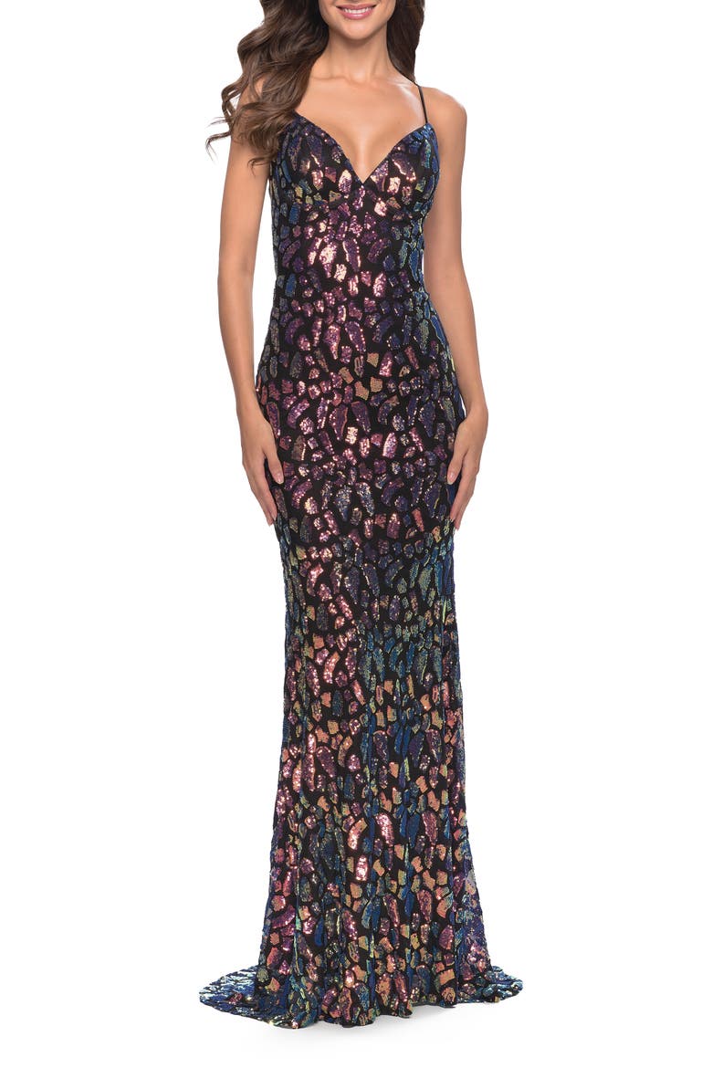 Multi Color Print Sequin Dress with Lace Up Back, Main, color, Black