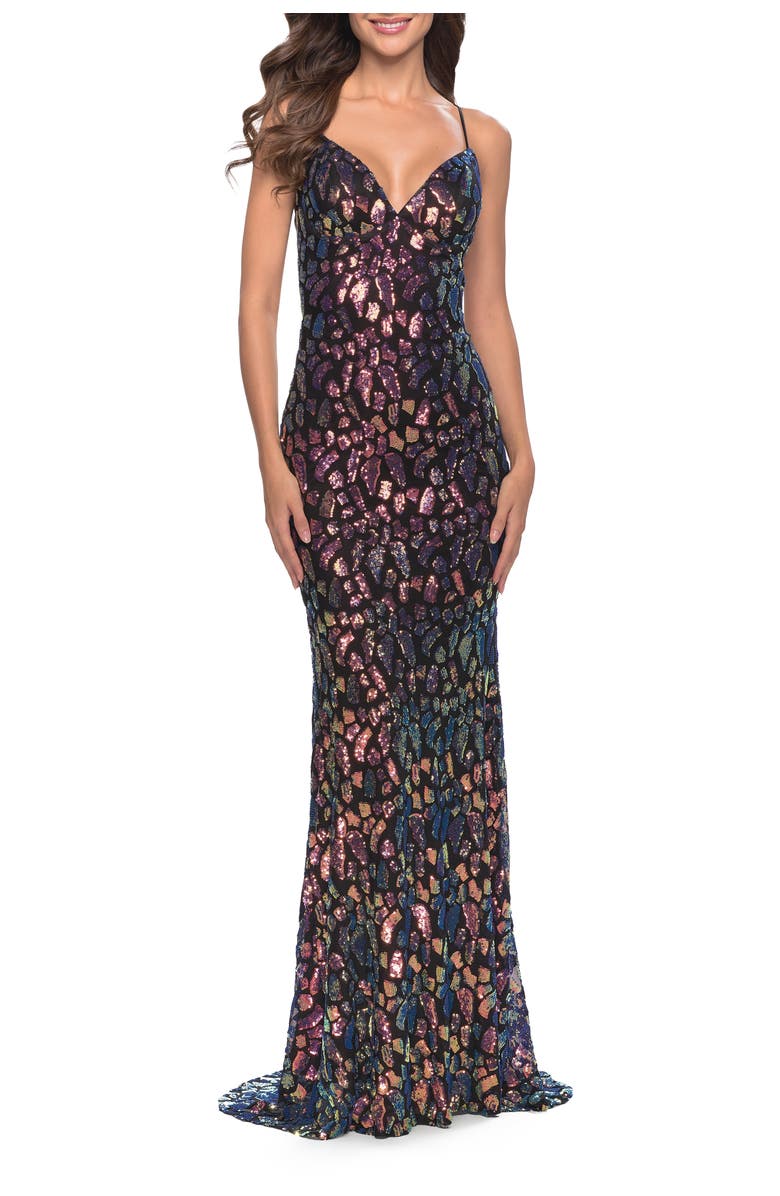 La Femme Multi Color Print Sequin Dress with Lace Up Back, Main, color, Black