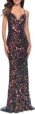 La Femme Multi Color Print Sequin Dress with Lace Up Back