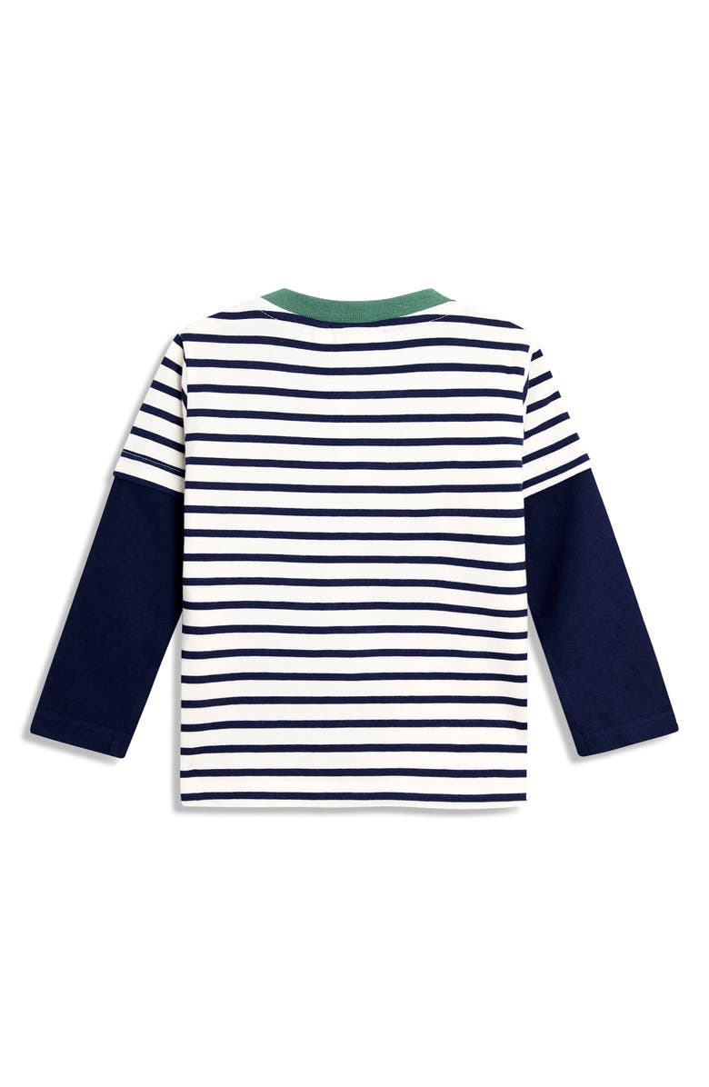 JOJO MAMAN BEBE Kids' Stripe Appliqué Dinosaur Layered Look Long Sleeve Cotton T-Shirt, Alternate, color, Navy Ecru Stripe