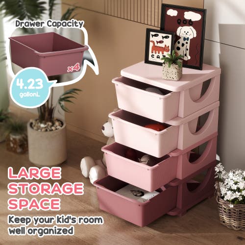 Qaba 4-tier Kids Storage Unit With Drawers In Pink