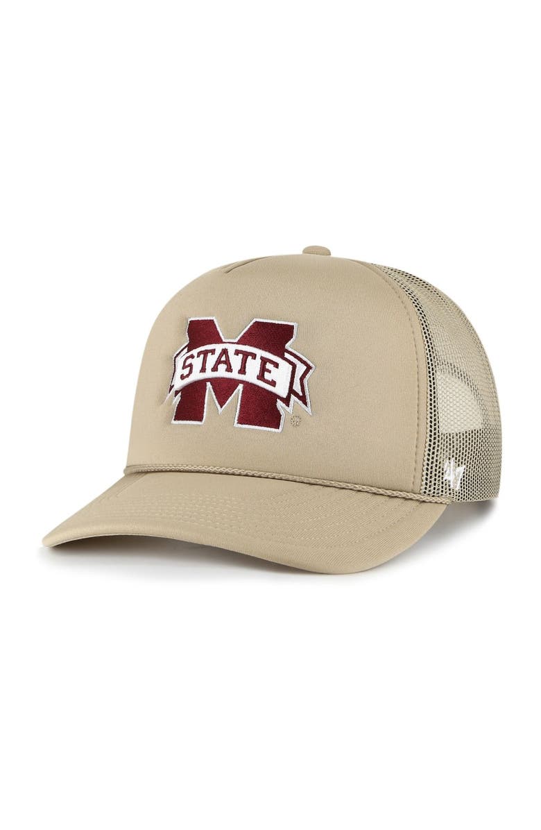 '47 Men's '47 Khaki Mississippi State Bulldogs Foam Front Mesh Trucker Snapback Hat, Main, color, Khaki