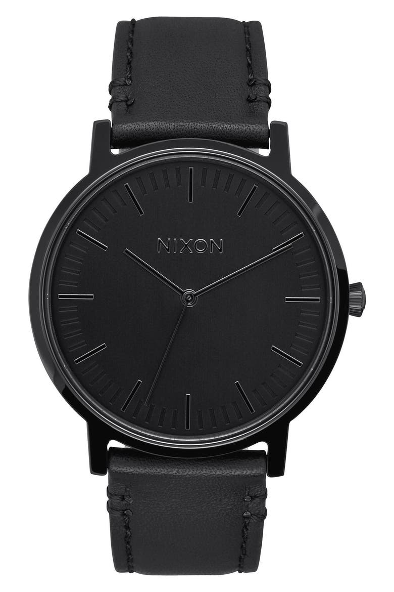 Porter Round Leather Strap Watch, 40mm, Main, color, BLACK