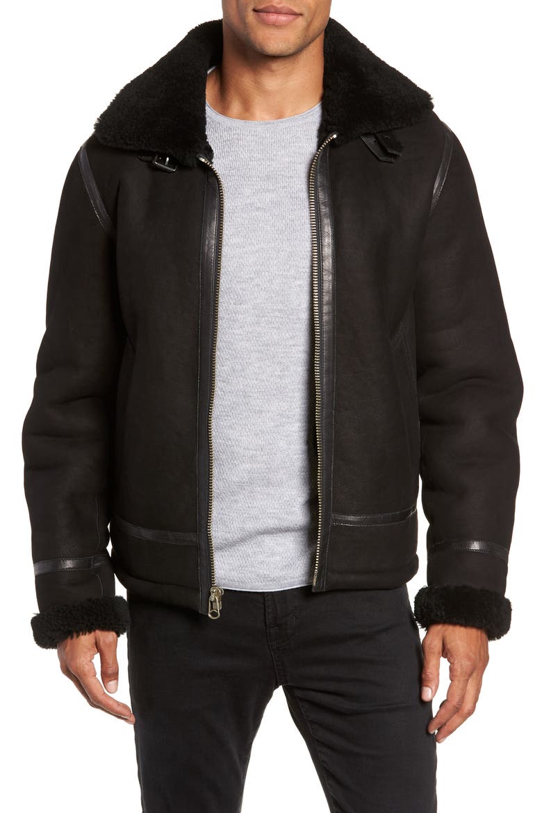 Leather and Genuine Shearling Flight Jacket, Main, color, BLACK