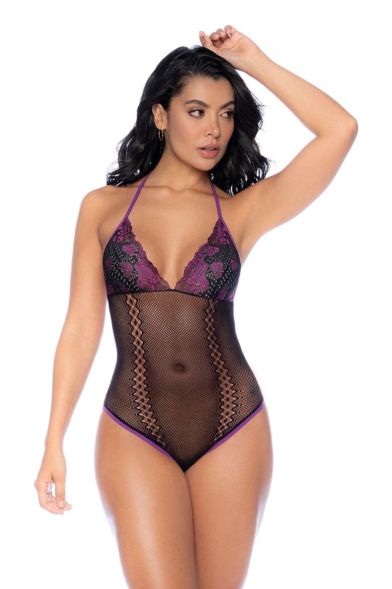 Fishnet Teddy & Gloves Set, Alternate, color, BLACK