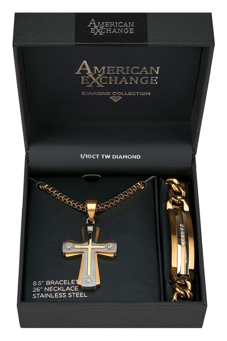 Two-Tone Cross Diamond Pendant Necklace & Bracelet Set - 0.10 ctw, Main, color, GOLD/ SILVER