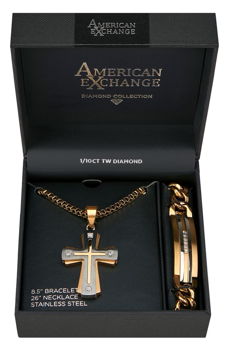 AMERICAN EXCHANGE Two-Tone Cross Diamond Pendant Necklace & Bracelet Set - 0.10 ctw, Main, color, 