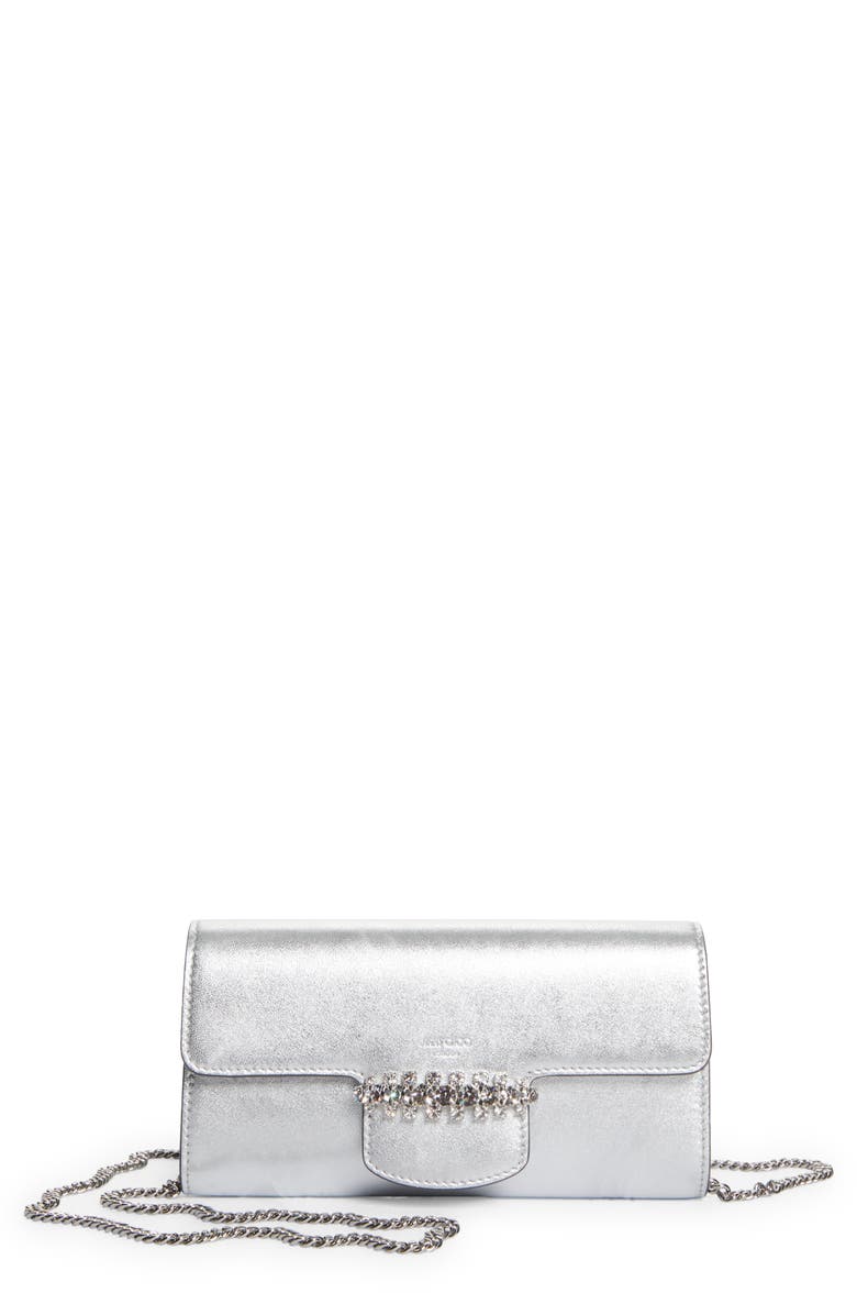 Jimmy Choo Bing Leather Wallet on a Chain, Main, color, Silver/ Silver