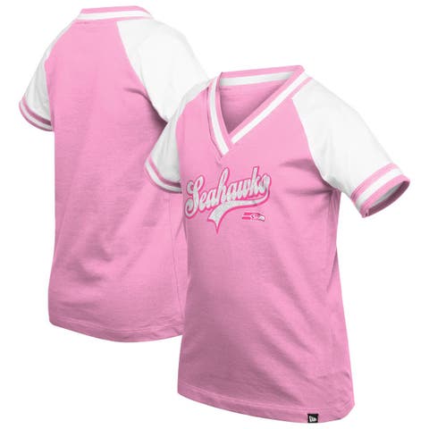 Girl's Youth New Era  Pink Seattle Seahawks Mommy & Me Multiplier Raglan V-Neck T-Shirt