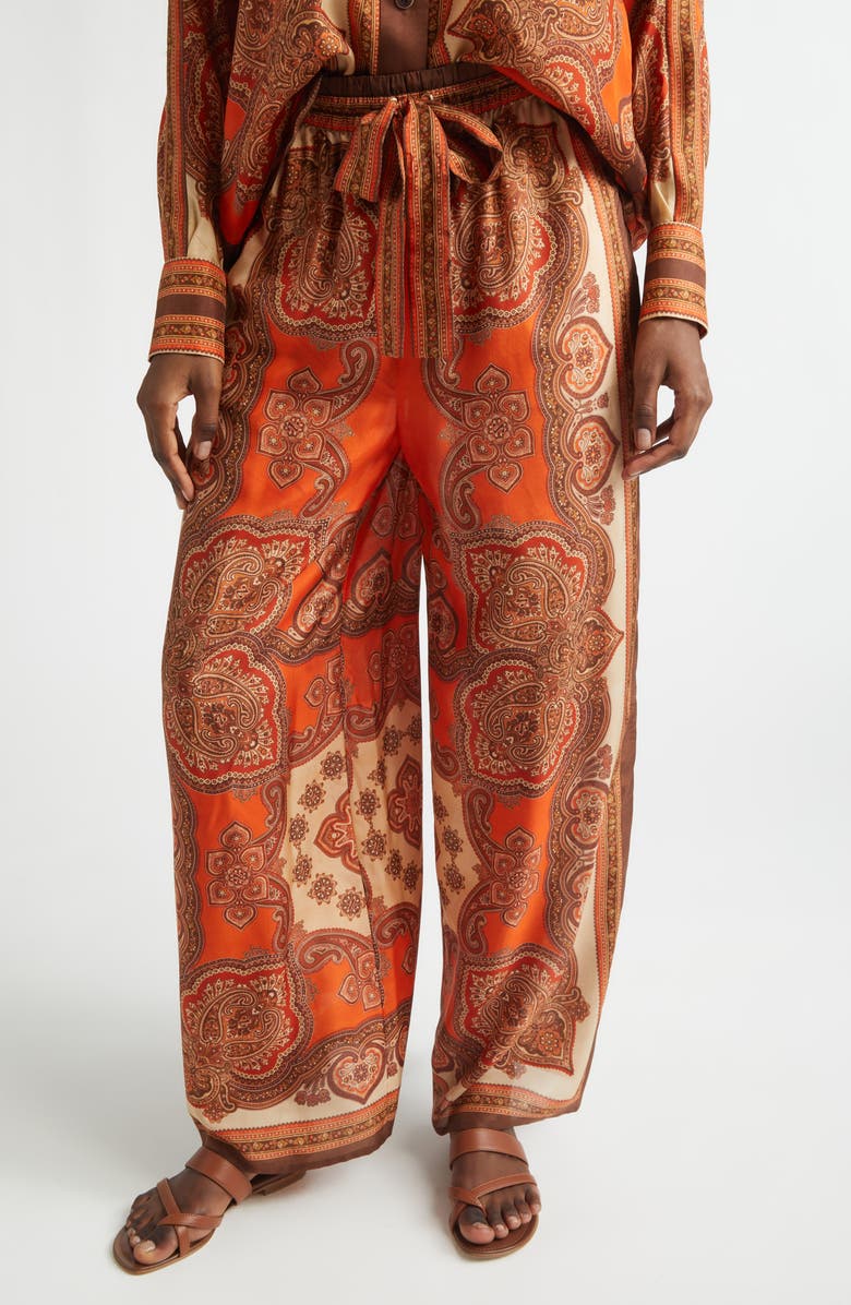 Zimmermann Mahon Paisley Print Habutai Silk Wide Leg Pants, Main, color, Tangerine Paisley