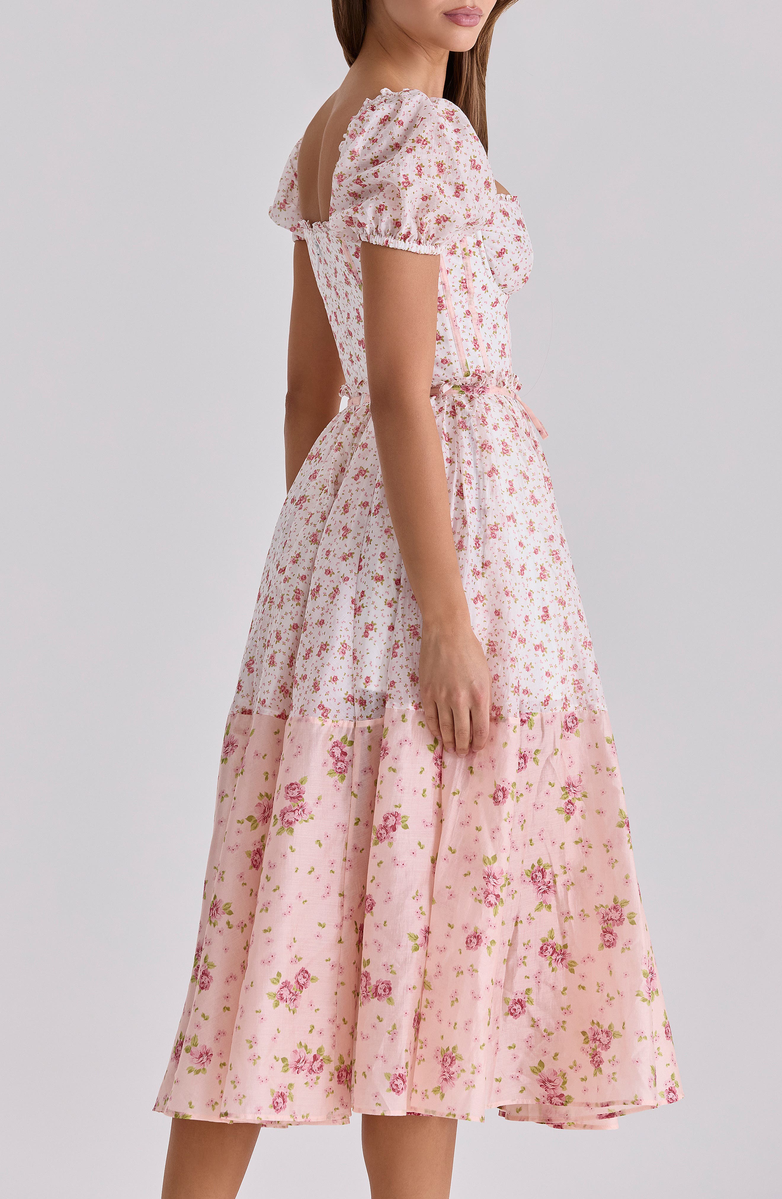 Penelope Floral Puff Sleeve Corset Chiffon Midi Dress - image 2