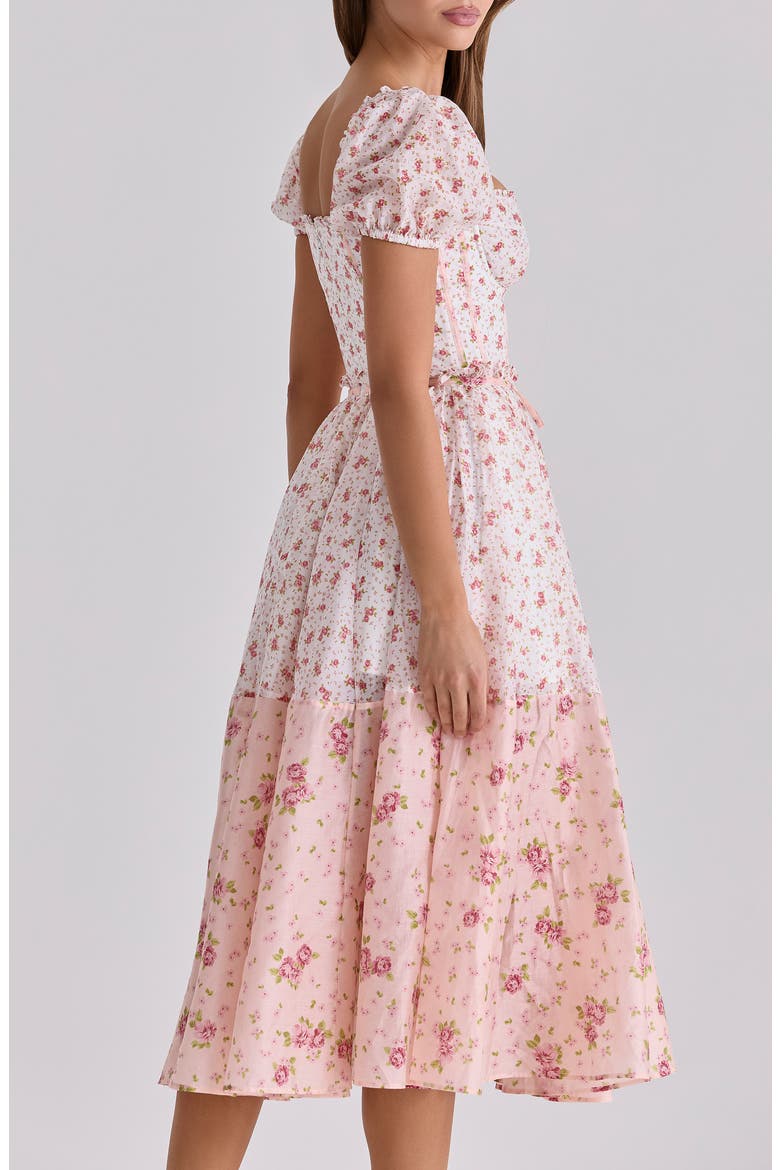 Penelope Floral Puff Sleeve Corset Chiffon Midi Dress, Alternate, color, PINK ROSE