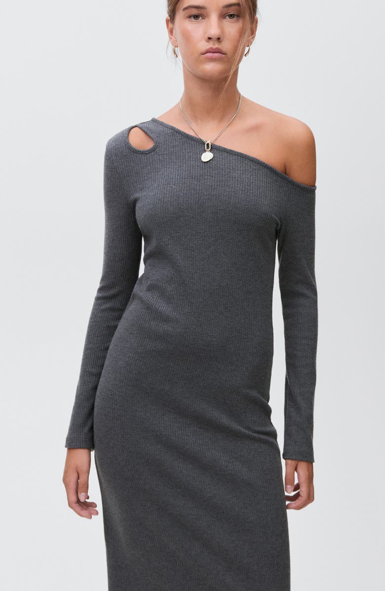 MANGO TEEN Cutout One-Shoulder Long Sleeve Dress, Alternate, color, Dark Heather Grey