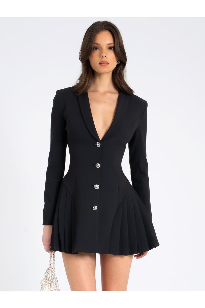Ria Blazer Mini Dress with Crystal Button and Pleated Detail, Main, color, Black