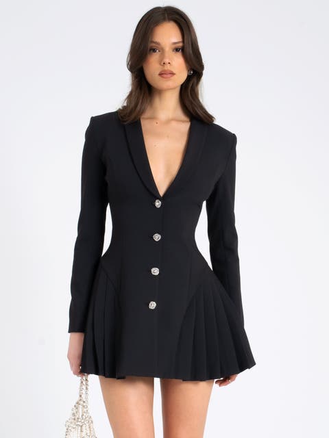 Ria Blazer Mini Dress with Crystal Button and Pleated Detail