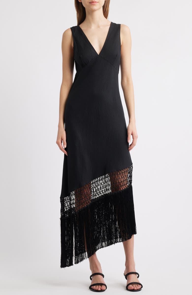 Rails Tamara Asymmetric Sleeveless Fringe Accent Dress, Main, color, Black