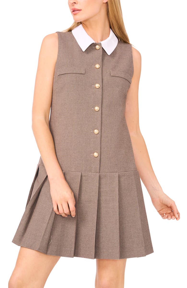 CeCe Houndstooth Sleeveless Drop Waist Dress, Alternate, color, Safari