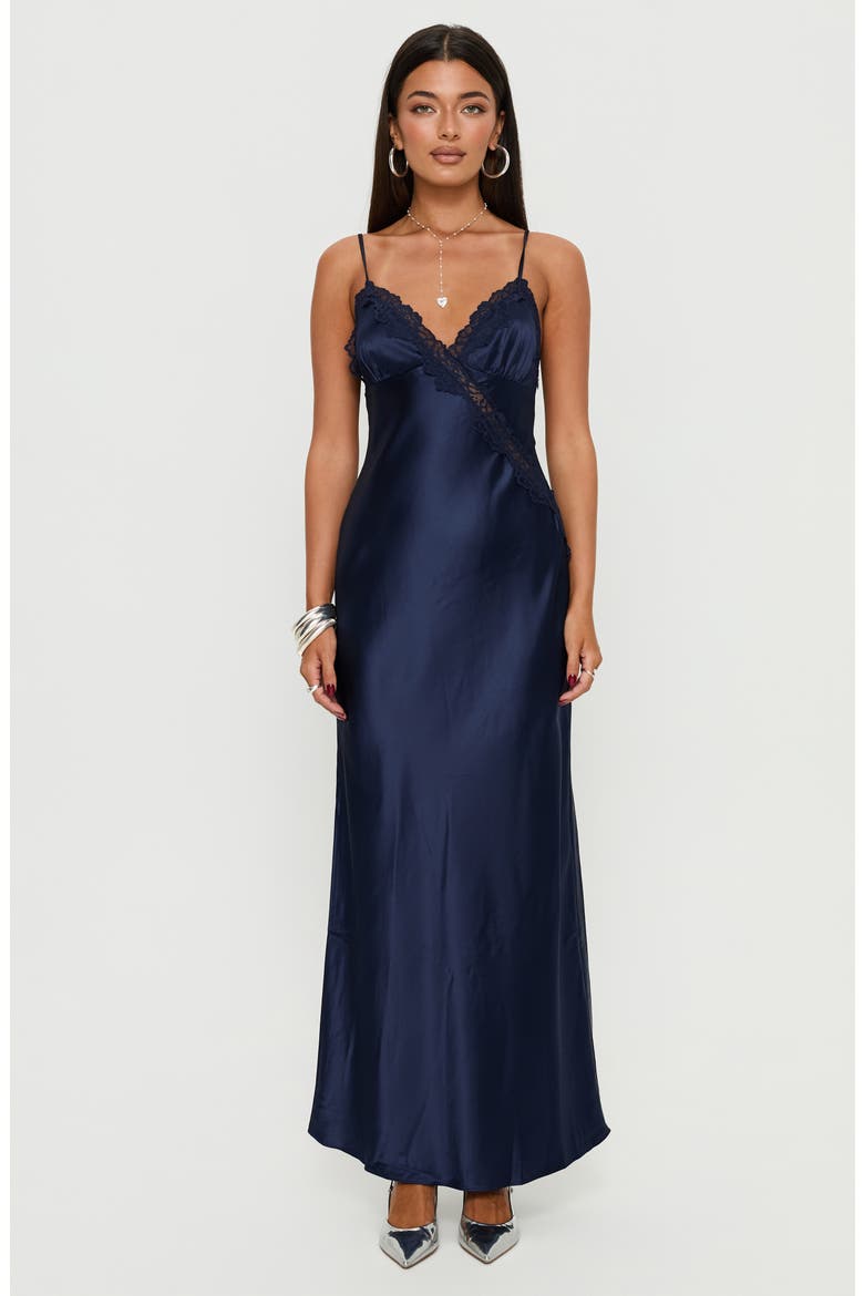 Madelene Lace Trim Satin Gown, Alternate, color, NAVY