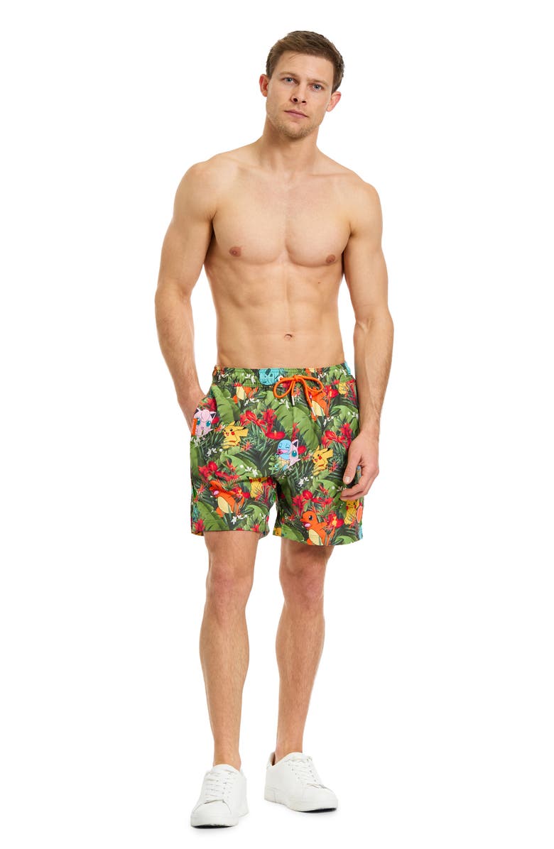 OppoSuits Pokémon Tropical Forest Stretch Swim Trunks, Alternate, color, 