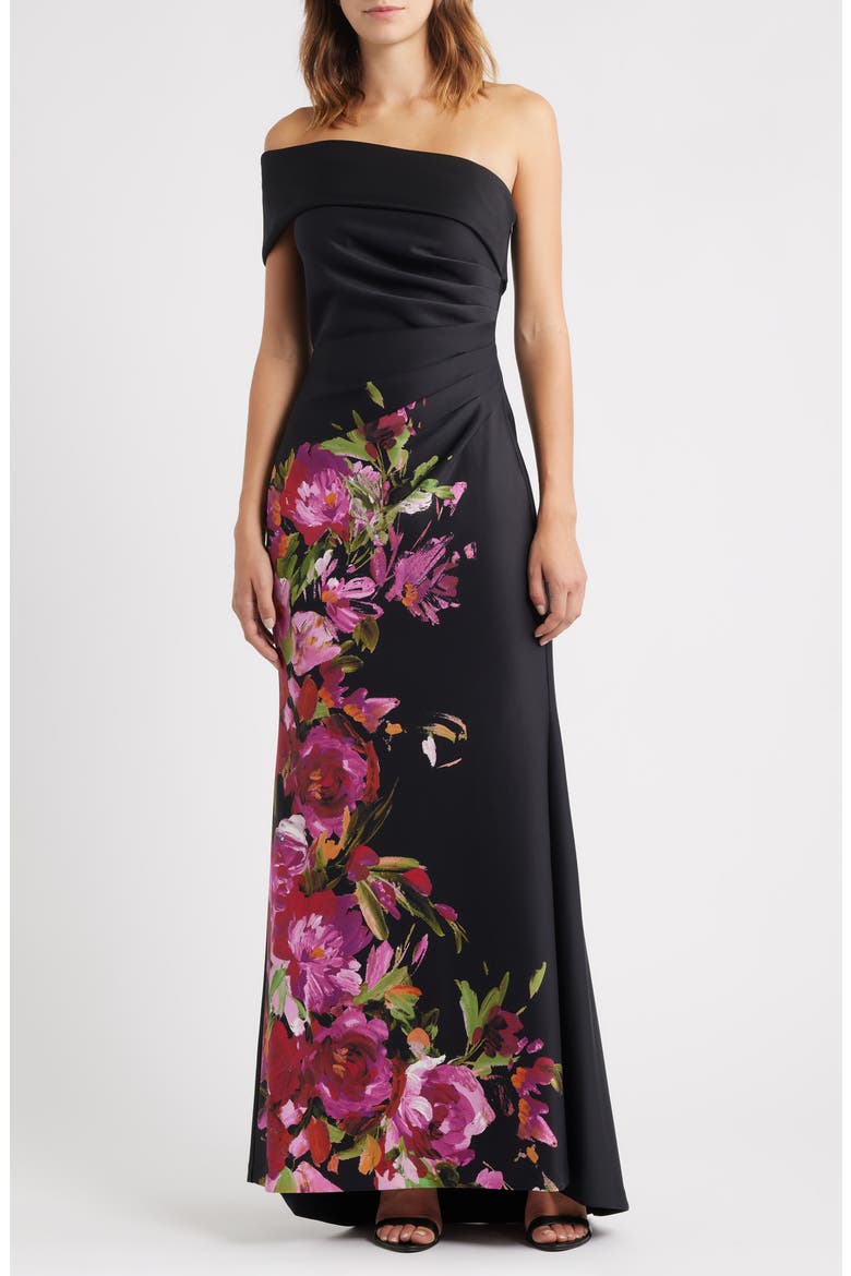 Placed Floral One-Shoulder Gown, Main, color, BLACK MULTI