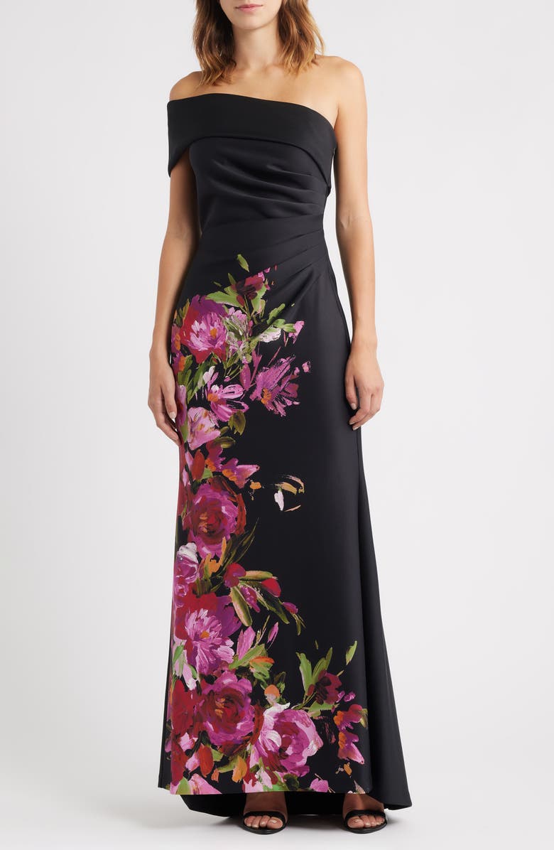 Eliza J Placed Floral One-Shoulder Gown, Main, color, Black Multi