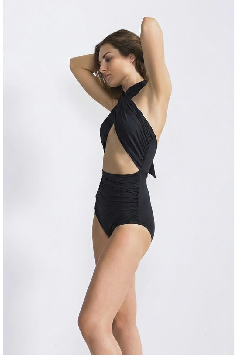 Cross-Front Cutout Ruched High-Waist One-Piece Swimsuit, Alternate, color, Black