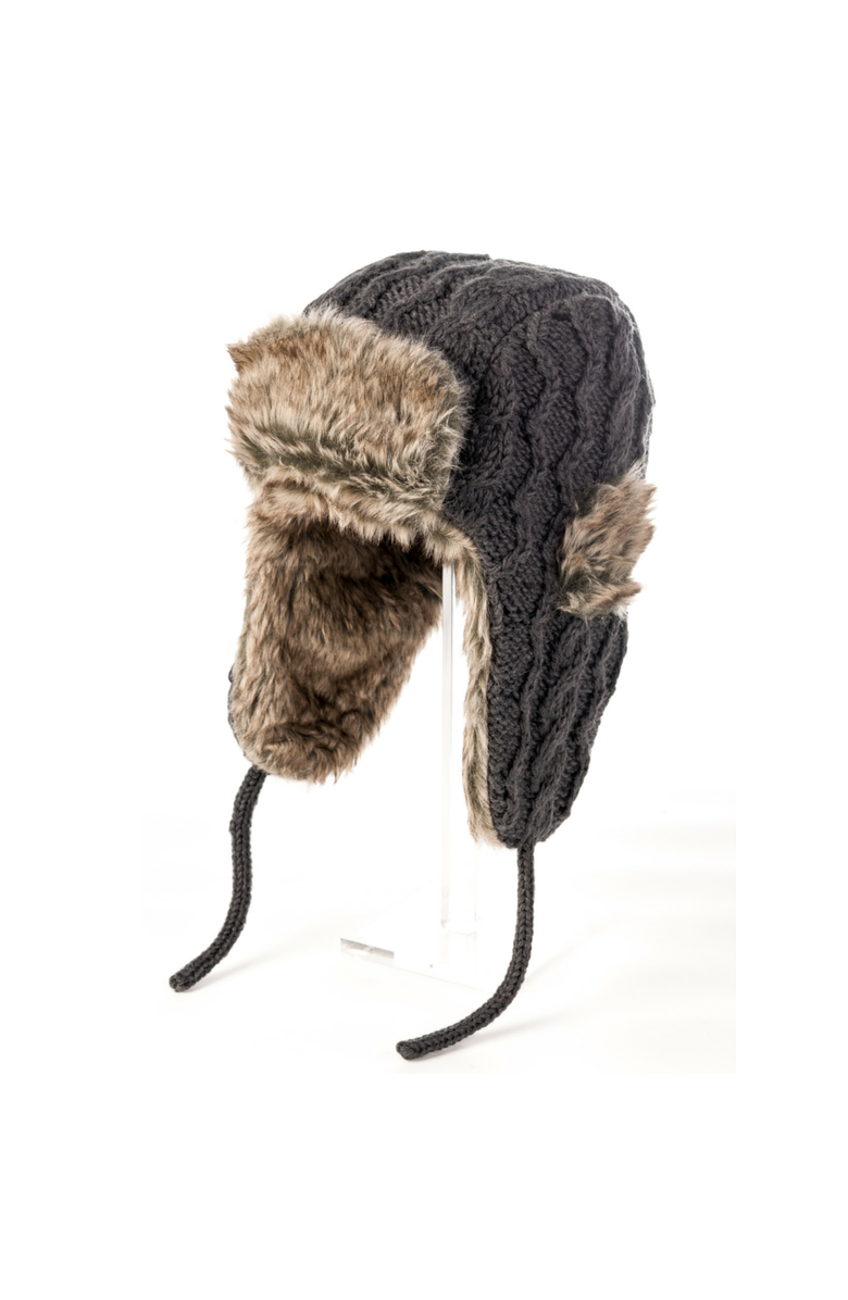 Nirvanna Designs Cable Knit Russian Hat w/ Faux Fur, Main, color, Smoke