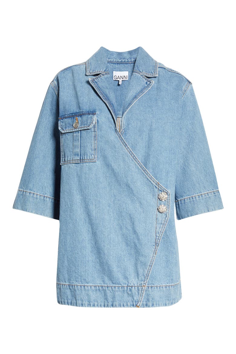 Wrap Front Oversized Organic Cotton Denim Shirt, Alternate, color, WASHED INDIGO 687
