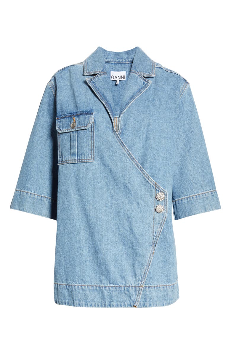 Ganni Wrap Front Oversized Organic Cotton Denim Shirt, Alternate, color,