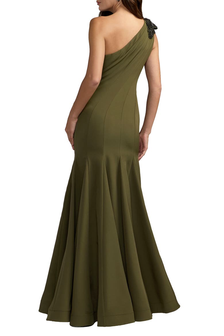 Crepe One Shoulder Gown With Flower, Alternate, color, Olive