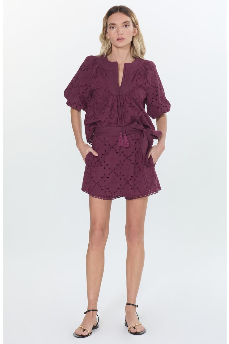Amani Embroidered Eyelet Wrap Skort, Alternate, color, PLUM