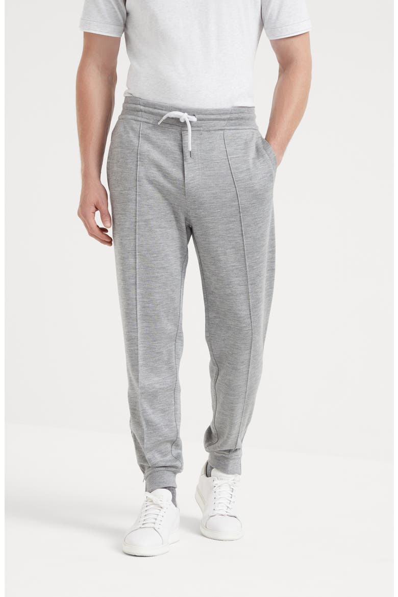 Cashmere and silk French terry trousers with Crête detail and elasticated zipper cuffs, Alternate, color, Grey