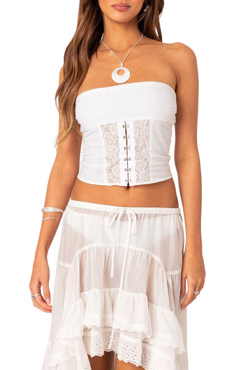 EDIKTED Lacey Strapless Cotton Corset Top, Main, color, White
