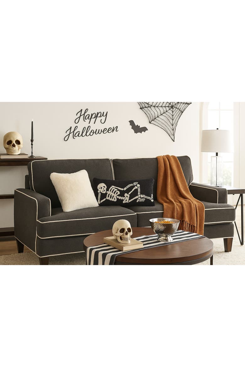 Relaxed Pose Skeleton Halloween Hooked Accent Pillow 12" x 24", Alternate, color, Black