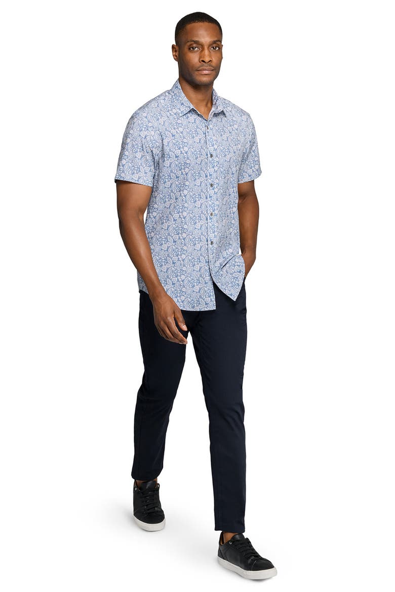 Slim Fit Antique Floral Short Sleeve Performance Button-Up Shirt, Alternate, color, WHITE/ BLUE