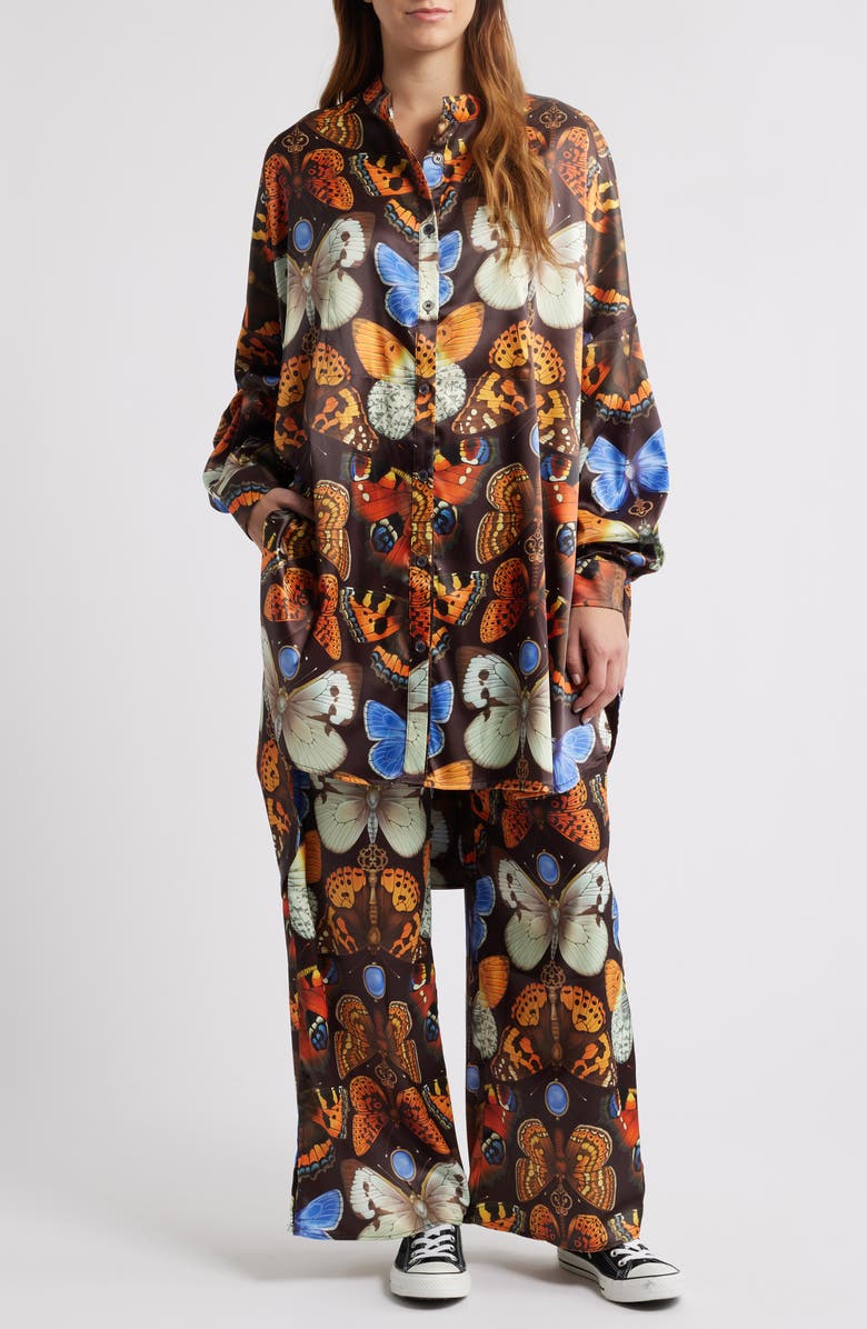 Dressed in Lala Mother Monarch Oversize Satin Button-Up Shirt & Wide Leg Pants Set, Main, color, Mother Monarch