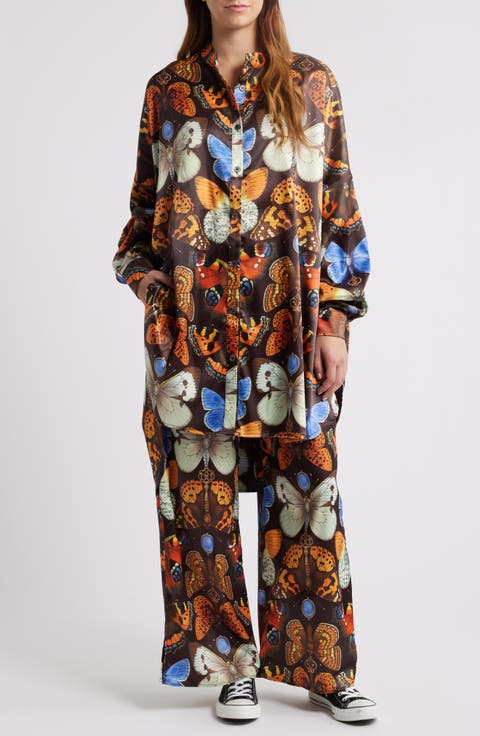 Mother Monarch Oversize Satin Button-Up Shirt & Wide Leg Pants Set