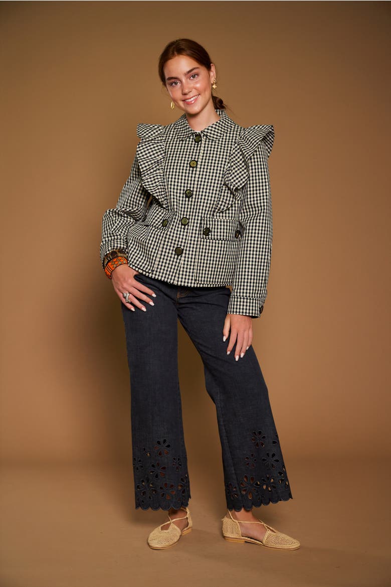 Gingham Outdoor Jacket With Ruffles, Alternate, color, Blach / Sand