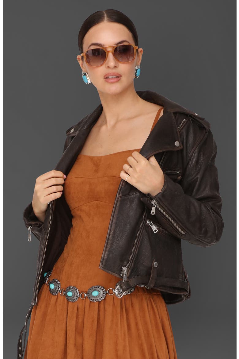 Relaxed Leather Moto Jacket, Alternate, color, COGNAC