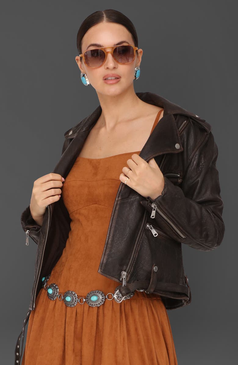 Avec Les Filles Relaxed Leather Moto Jacket, Alternate, color, Cognac