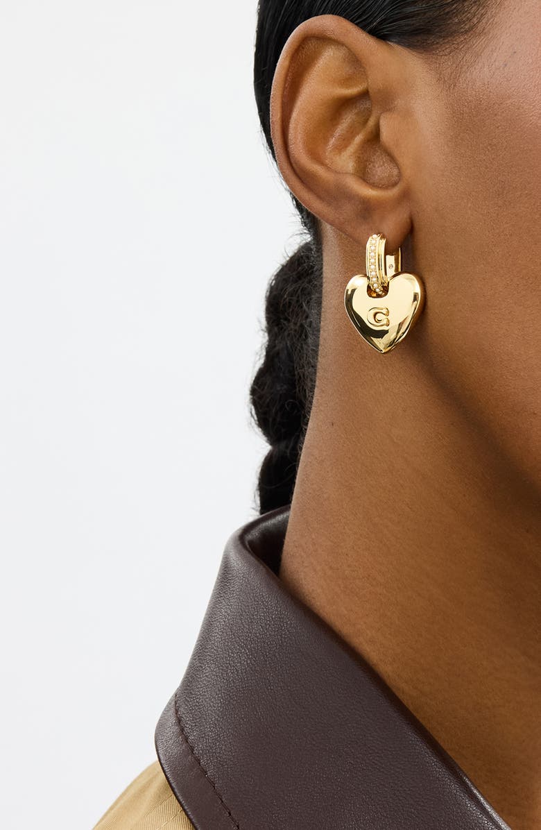 COACH Puffy Heart Drop Earrings, Alternate, color, Shiny Gold