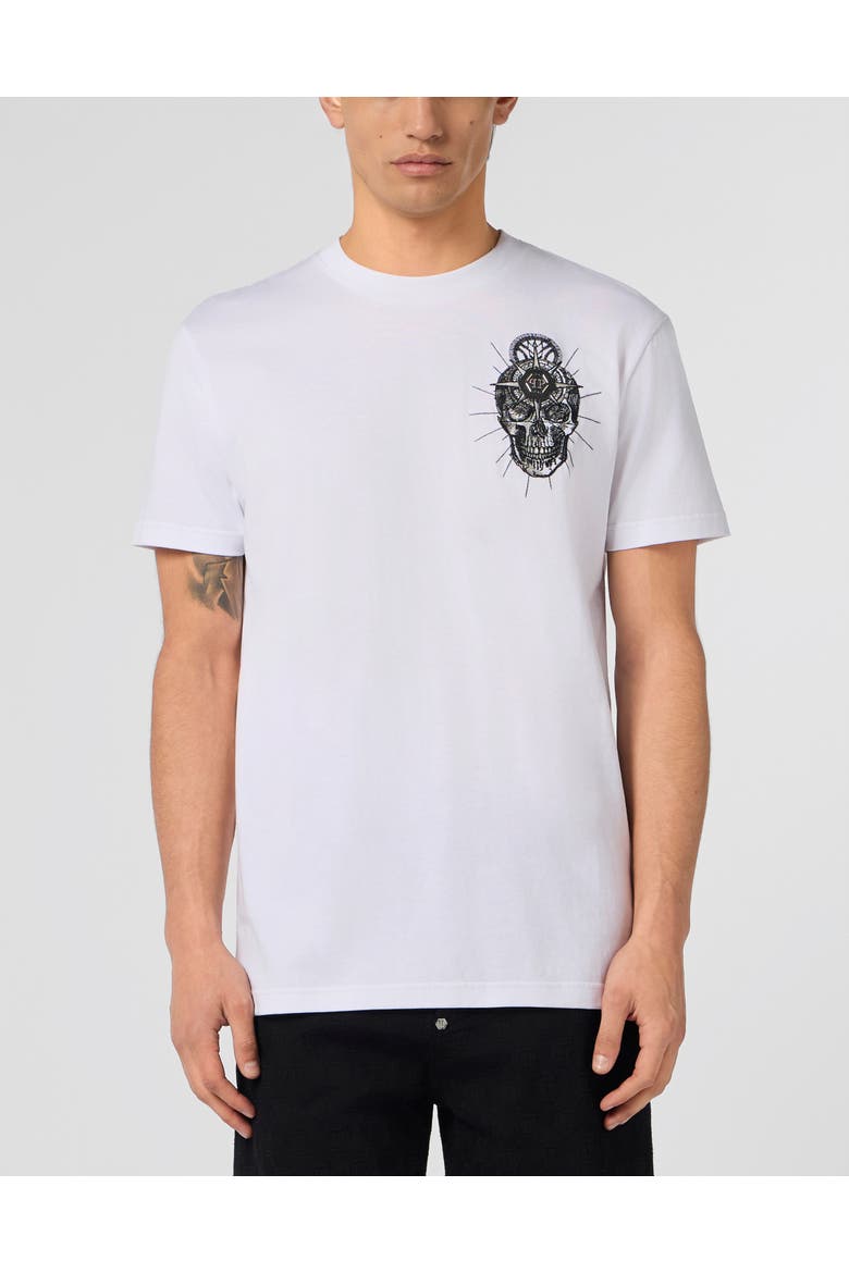 Round Neck T-Shirt Chest Embroidery Skull Men, Main, color, white