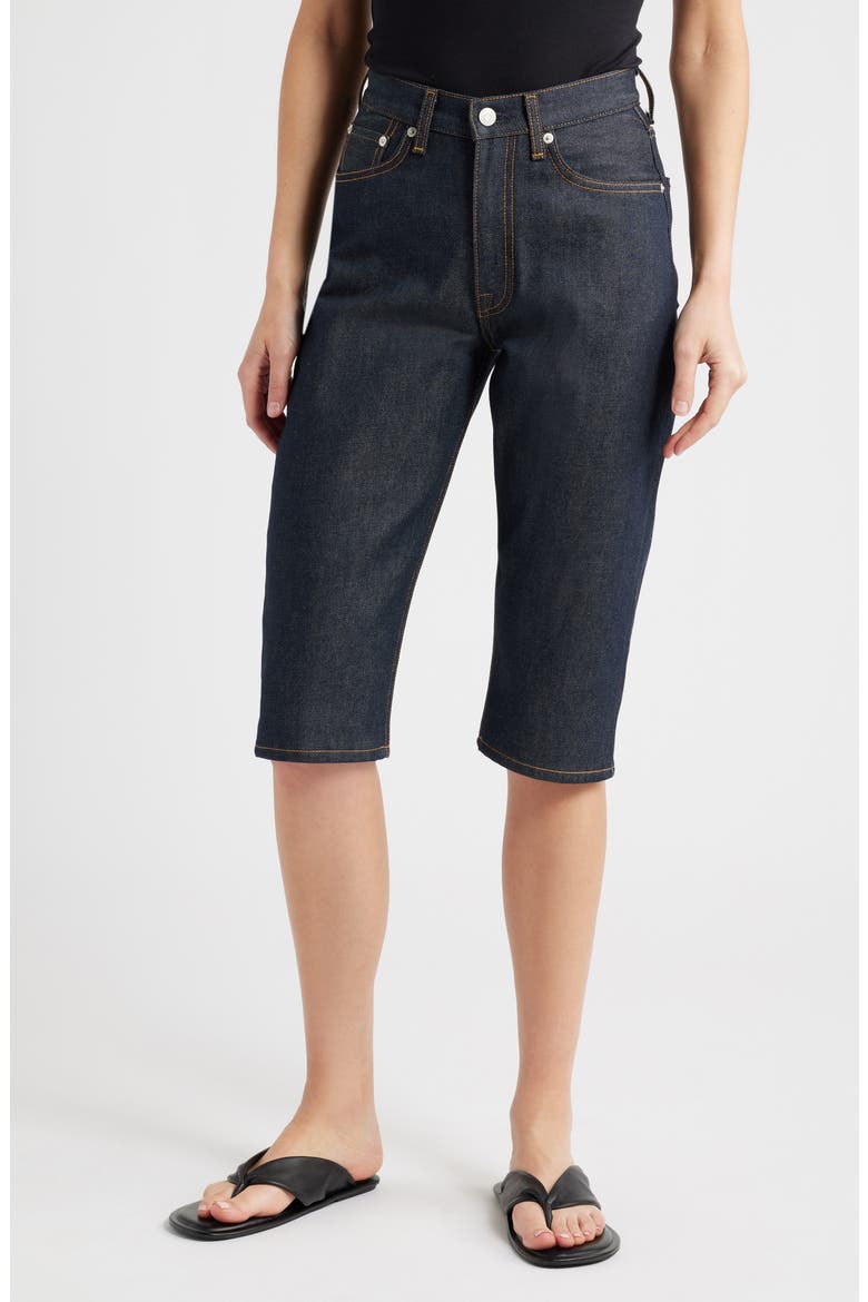 High Waist Long Denim Shorts, Main, color, BLUE