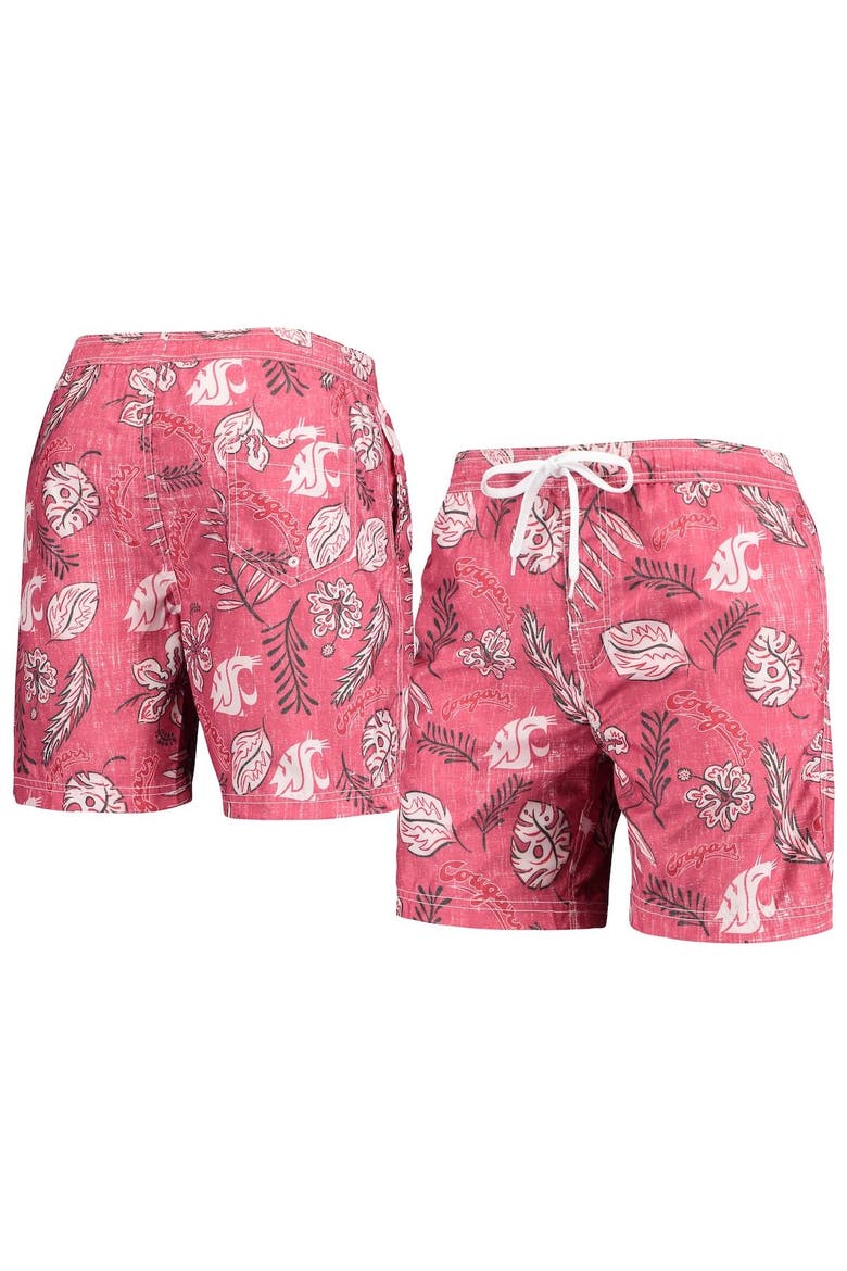 Men's Wes & Willy Crimson Washington State Cougars Vintage Floral Swim Trunks, Main, color, Crimson