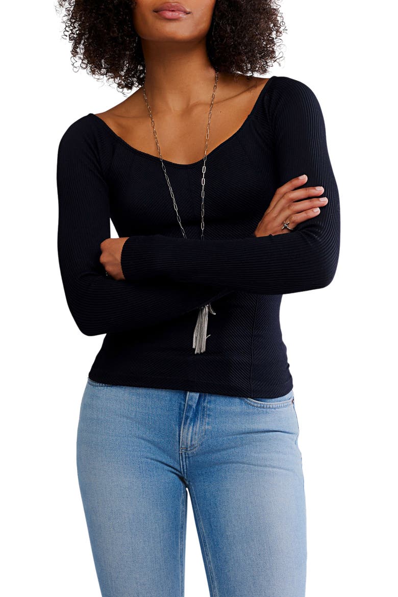 Rib Long Sleeve Top, Main, color, BLACK