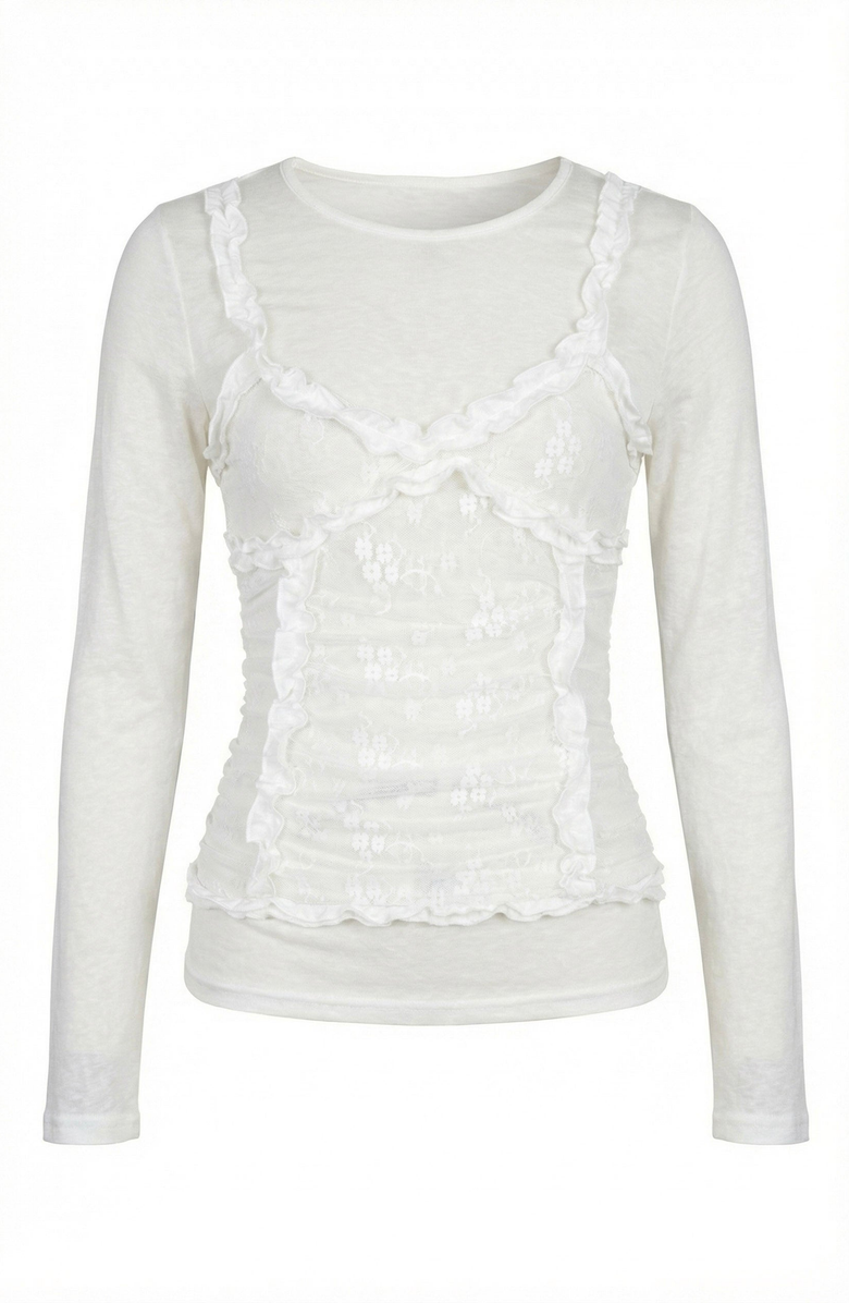 Modenaire Long Sleeve Layered Lace Top, Alternate, color, Ivory